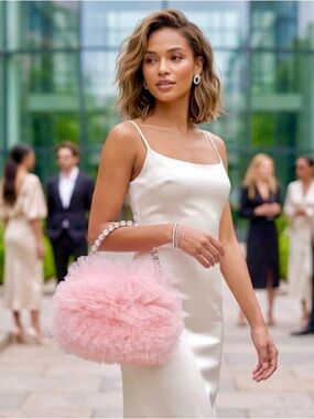 Jewel Badgley Mischka Pink Ruffled Tulle Clutch with Jeweled Handle